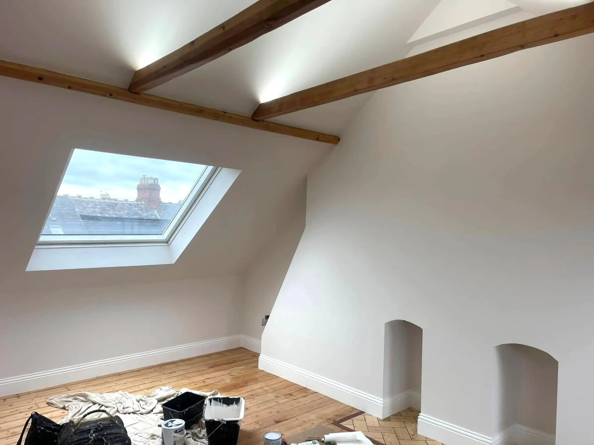 Plasterboard painting in Newcastle loft conversion by Tulip Decor, attic walls and ceiling finished