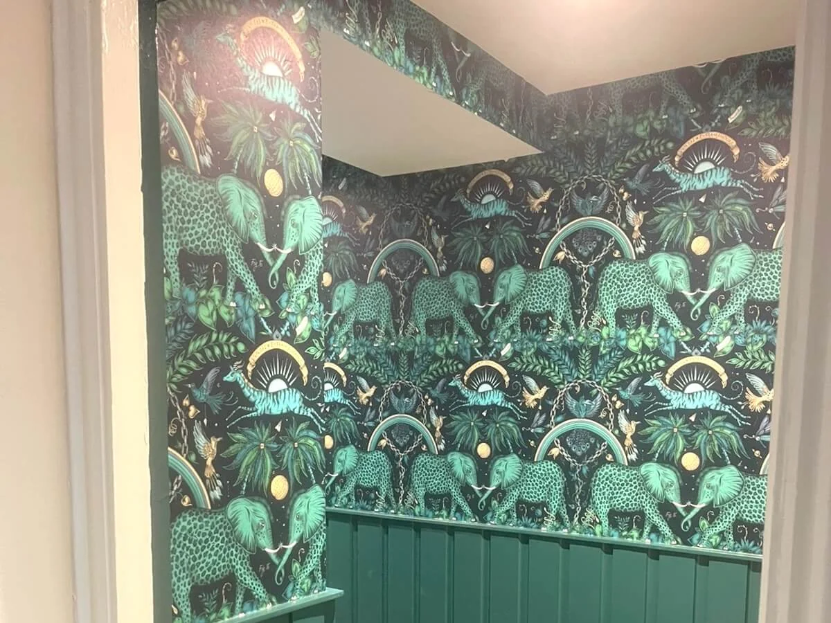 Pattern wallpaper installation in Newcastle bathroom by Tulip Decor