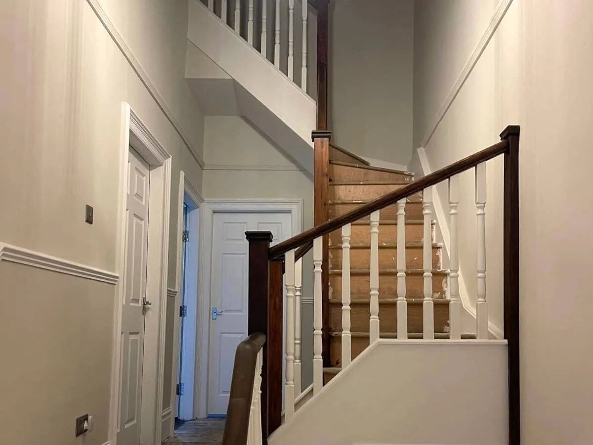 Staircase and hallway painted cream white in Newcastle by Tulip Decor